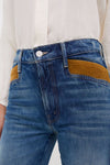 Classic high-waisted blue denim jeans with mustard corduroy pocket inserts, paired with a white blouse, embody the effortless, fun style of the Remember When The Pointy Pocket Doozy Heel.
