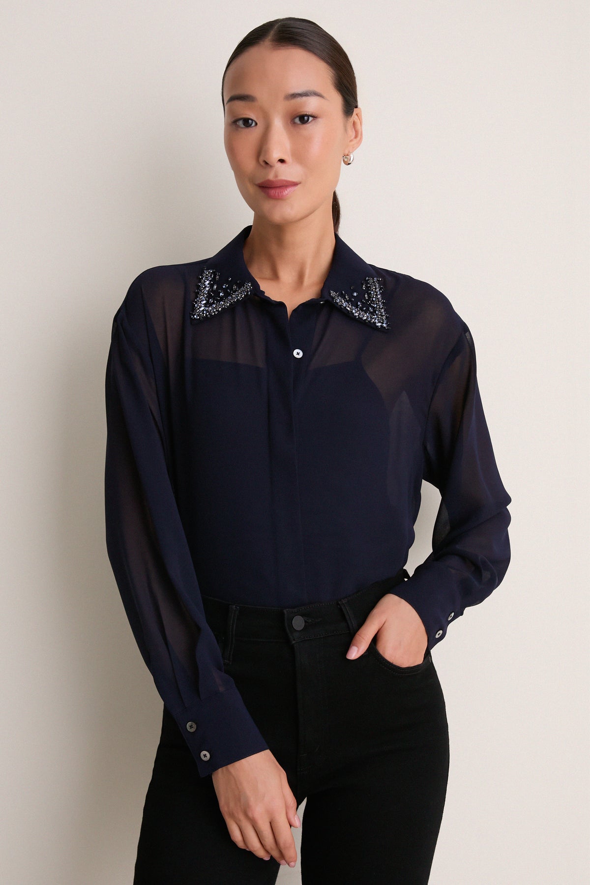 Navy Embellished Sheer Alysse Blouse