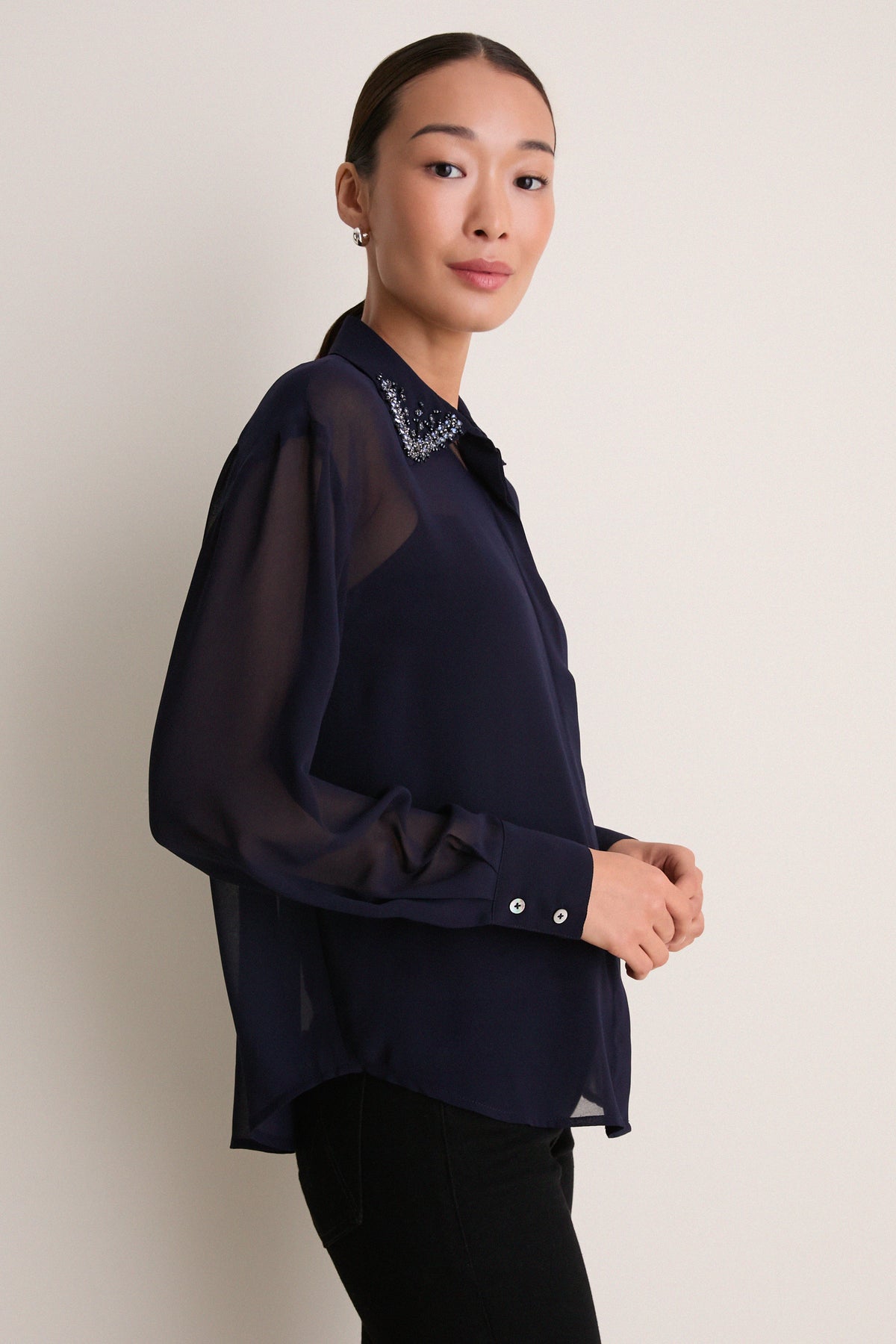 Navy Embellished Sheer Alysse Blouse