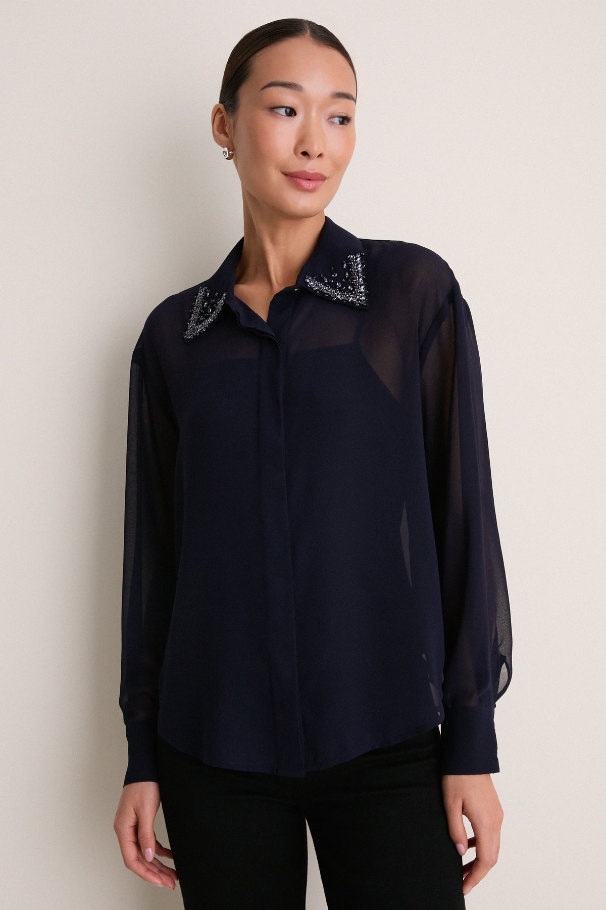 Navy Embellished Sheer Alysse Blouse