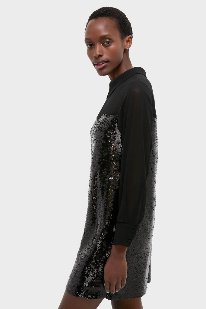 Black Sequin Josie Dress on woman in profile, showcasing a classic, effortless design with smooth fabric and reflective sequins, embodying high-end, fun style.