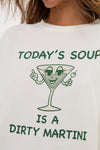 Martini Soup Crop Long Sleeve Tee featuring a playful graphic of a smiling martini glass with text TODAY’S SOUP IS A DIRTY MARTINI, embodying a classic, effortless, and fun style.