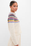 Model in profile wearing the classic White Amina Fairisle Sweater, featuring an effortless, colorful yoke. The look is high-end and fun, embodying Tuckernuck's style.