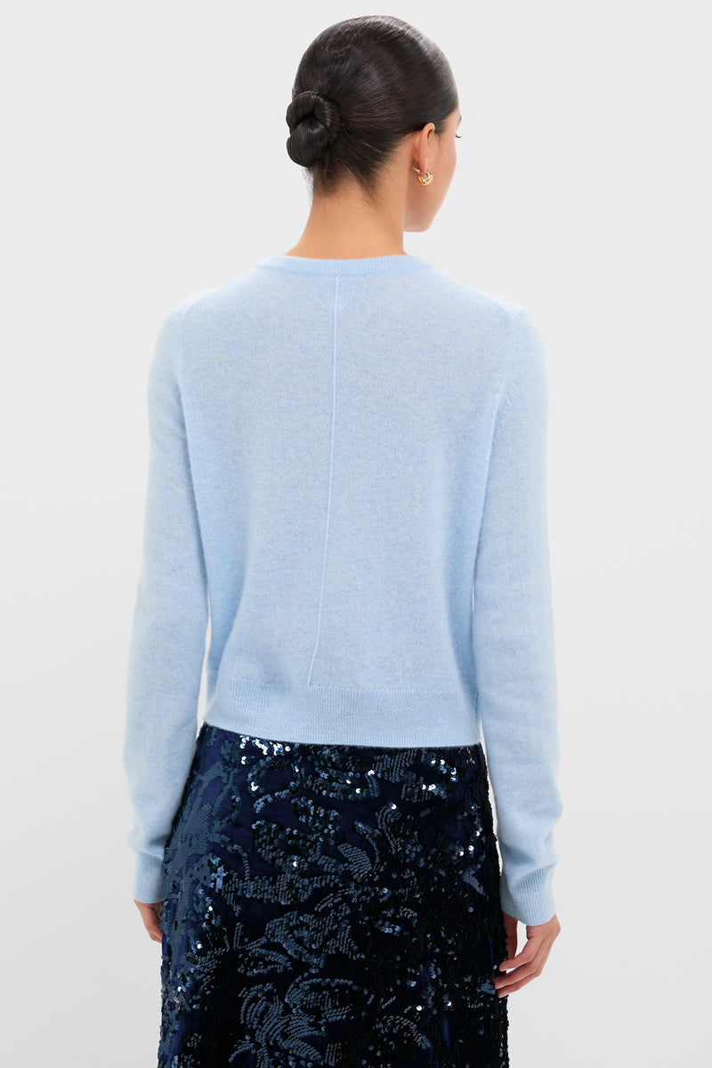 Back view of a woman in an Ice Blue Cashmere Riley Cardigan, showcasing its classic, effortless style paired with a high-end, fun navy sequin skirt.
