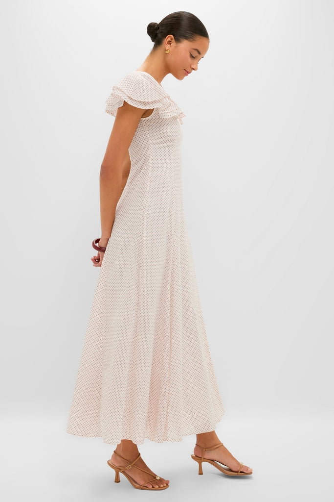Effortlessly elegant, the Cream and Red Polka Dot Marlowe Flutter Dress features a classic sweetheart neckline and full skirt, embodying high-end, fun sophistication.