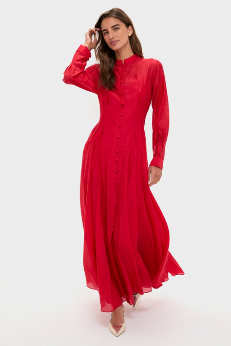Red Organza Marbella Dress, a classic, high-end piece with a Mandarin collar and blouson sleeves, offers an effortless, fun style for elegant occasions.