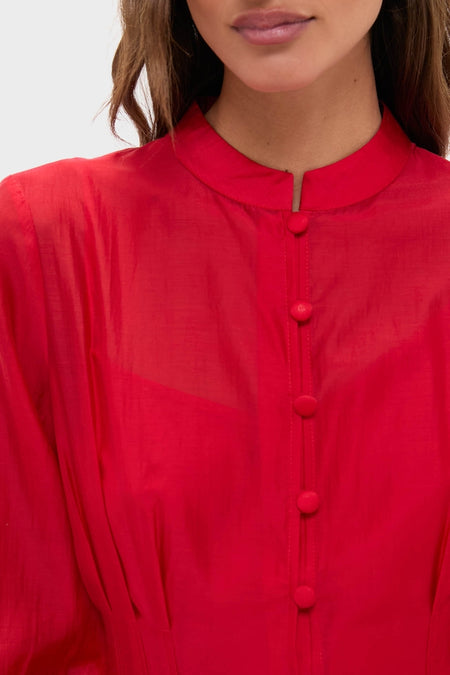 Effortlessly classic, the Red Organza Marbella Dress features a Mandarin collar and blouson sleeves, perfect for high-end, fun occasions.