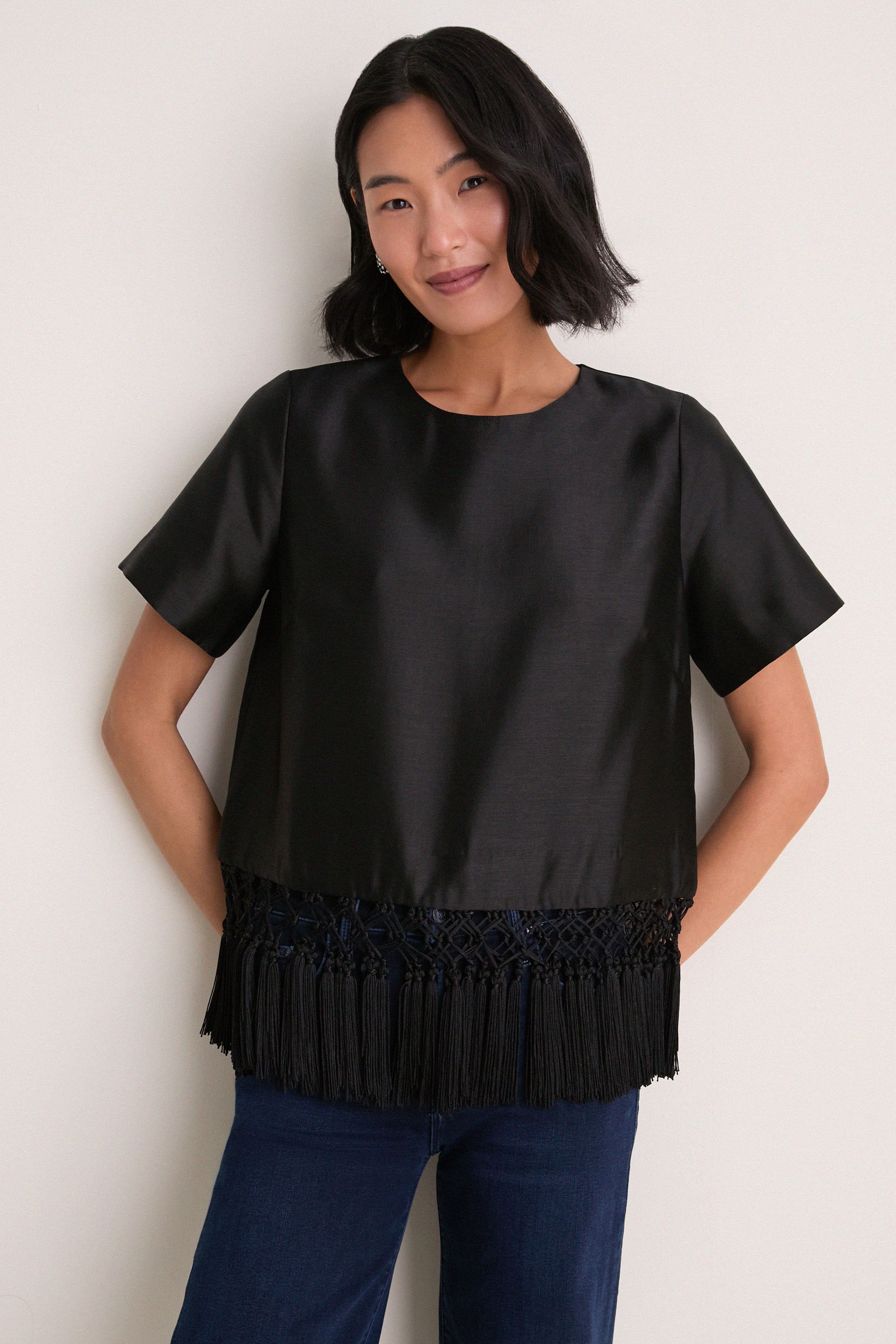 Black Dupioni Chadwick Tassel Top | Tuckernuck