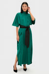 Green Satin Patricia Maxi Dress: A classic, high-end satin dress with a mock neck, bell sleeves, and removable tie belt, offering an effortless, fun, and elegant silhouette.