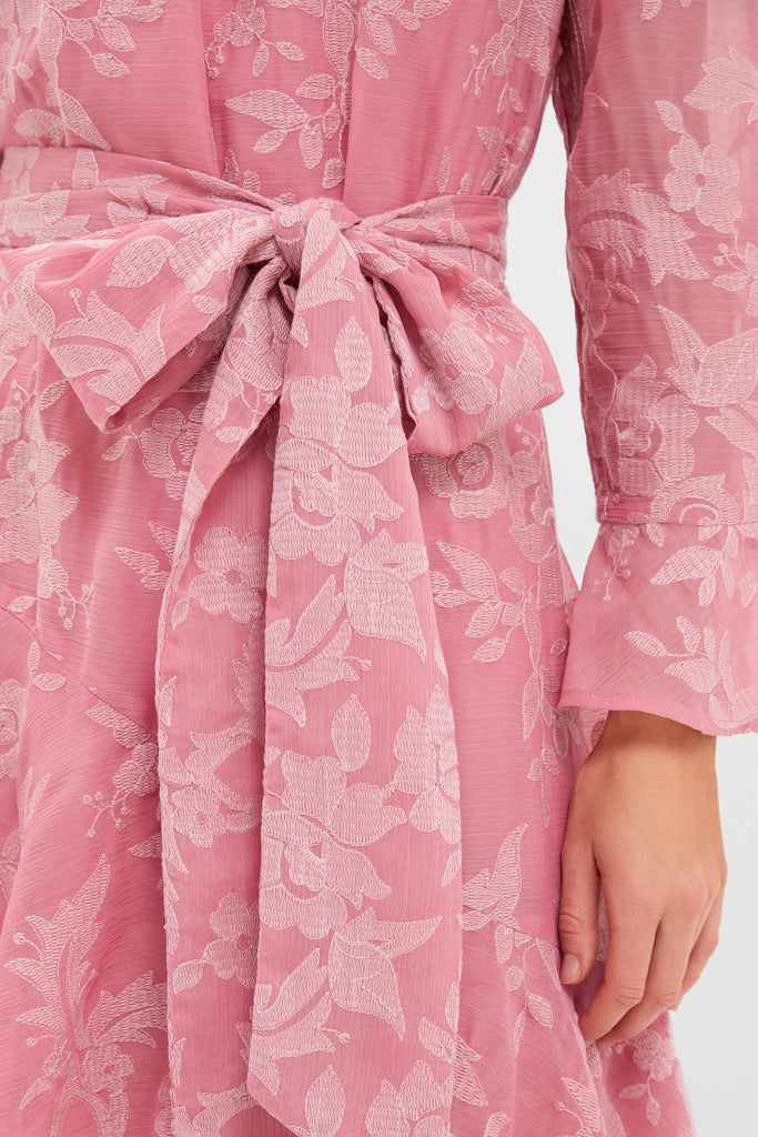 pink floral organza jacquard underwired shift dress Rose Lace-Up Dress - Pink Floral Dress - Organza Midi Dress