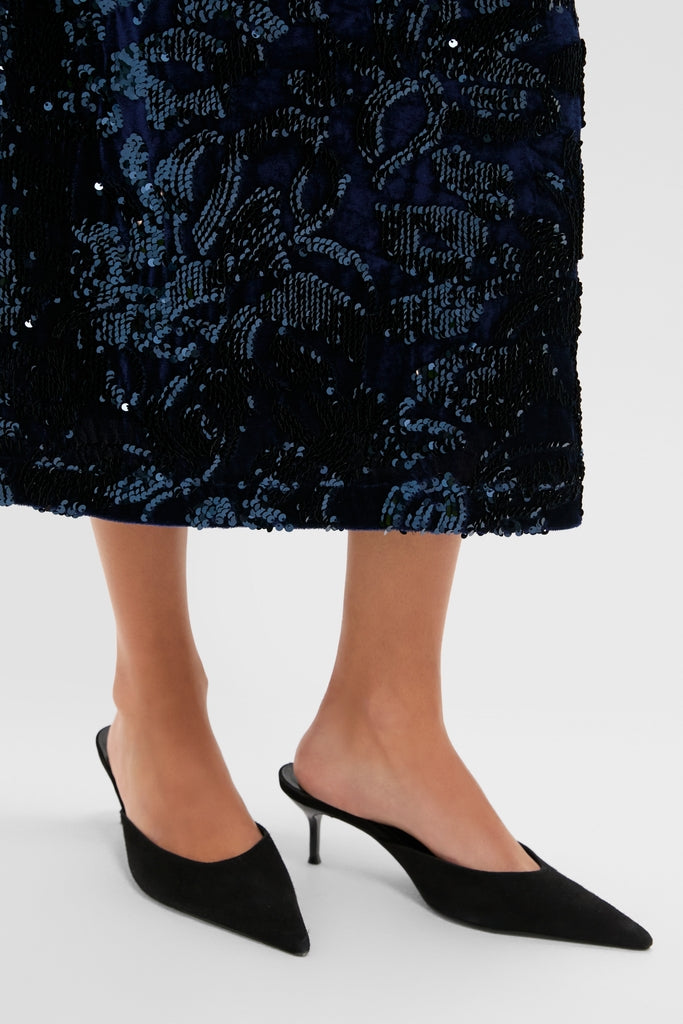 Velvet and Sequin Maloney Midi Skirt: Classic and high-end, this floral sequined skirt offers an effortless, fun style. Perfect for cocktail events with its chic column silhouette and side seam zipper.