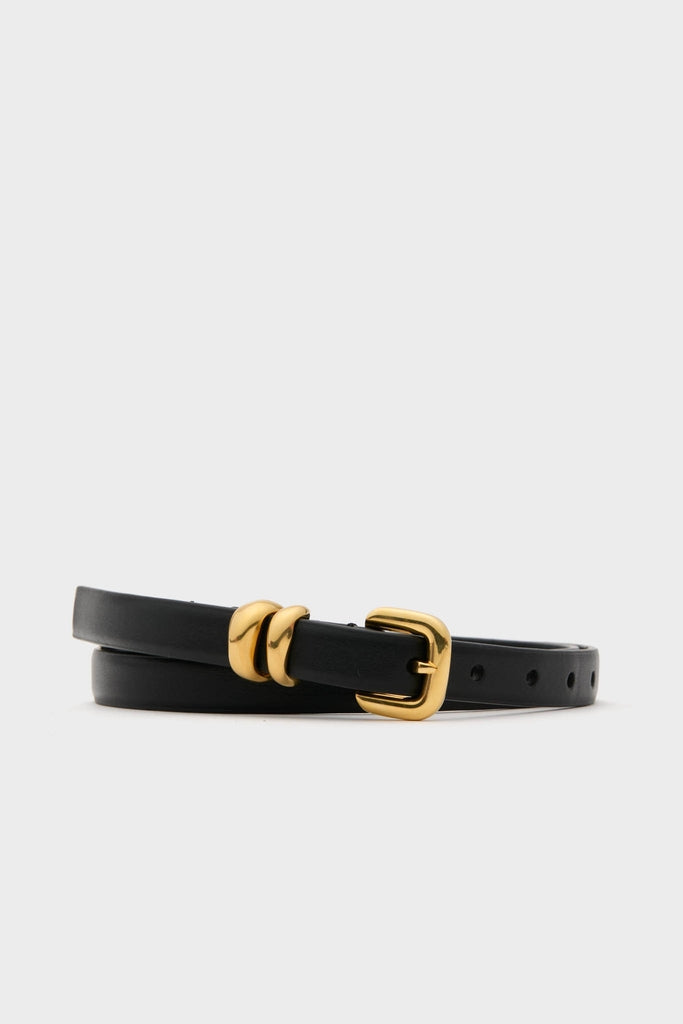 Black Hip to Waist Skinny Belt with a classic gold-tone buckle and loops, offering effortless style and high-end appeal for fun, confident fashion.