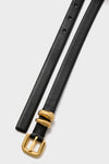 Black Hip to Waist Skinny Belt featuring a classic, slim design with a polished gold-tone buckle and loops, offering an effortless, high-end accessory for a fun, confident look.