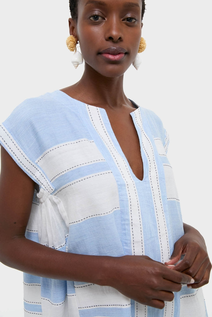 Debre Sky Elina Caftan: Effortless A-line tunic with V-neck, short sleeves, and tassel ties. Classic, fun look for beach-to-bar transitions.