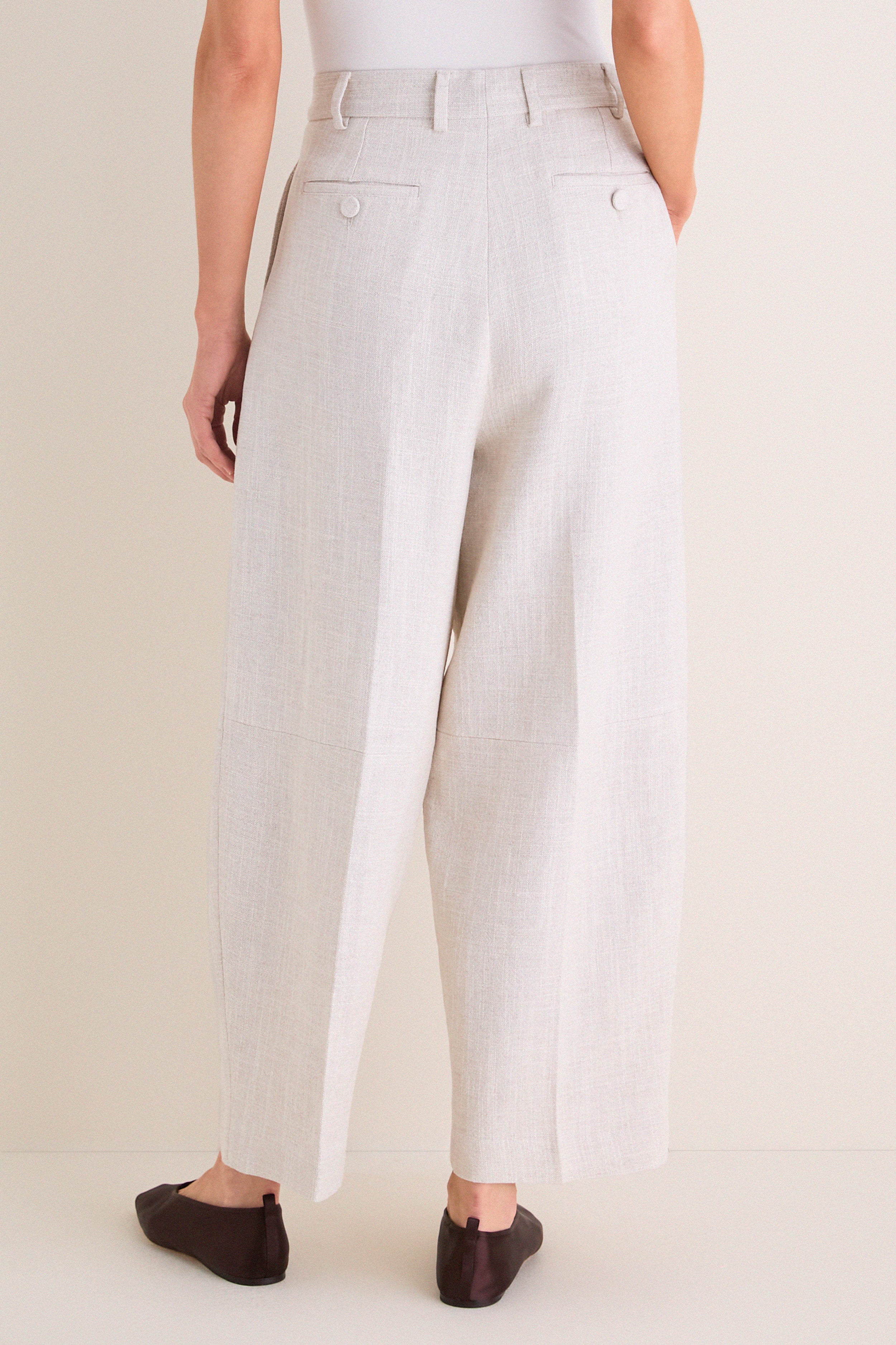 Mortar Melange Dash Pants: classic, wide-leg, cropped trousers with pleats, belt loops, and welt pockets. Effortless, high-end style for a fun, modern wardrobe.