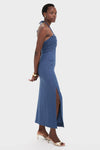 Indigo Mezcalitos Midi Dress: A classic, high-end sleeveless blue dress with a halter neck, ruched bust, side slit, styled with gold accessories for an effortless, fun look.