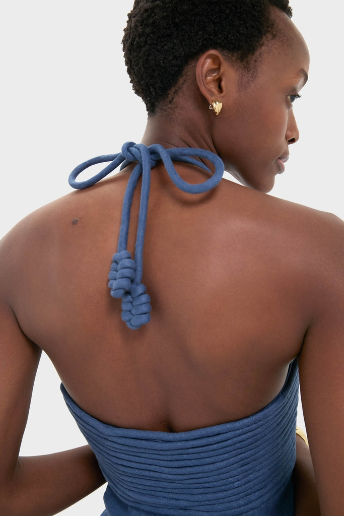 Indigo Mezcalitos Midi Dress with classic halter neck tie and elegant braid details, showcasing effortless style and high-end appeal. Perfect for fun, confident outings.