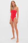 Ruby Jenna One Piece: classic red swimsuit featuring an effortless square neckline, adjustable straps, and internal shelf bra. Perfect for high-end, versatile swim and fun beach-to-street style.