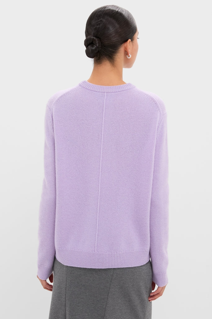 Person in a sleek low bun wears the Lavender Frost Cashmere Boyfriend Bodie Crewneck Sweater, showcasing its classic, effortless design with ribbed hem and center seam detail.