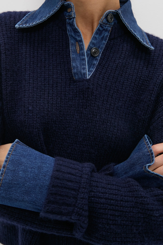 Classic and effortless, the Navy and Denim Harvey Sweater showcases a fun layered look with a chunky-knit pullover and denim button-up details, exuding high-end style.