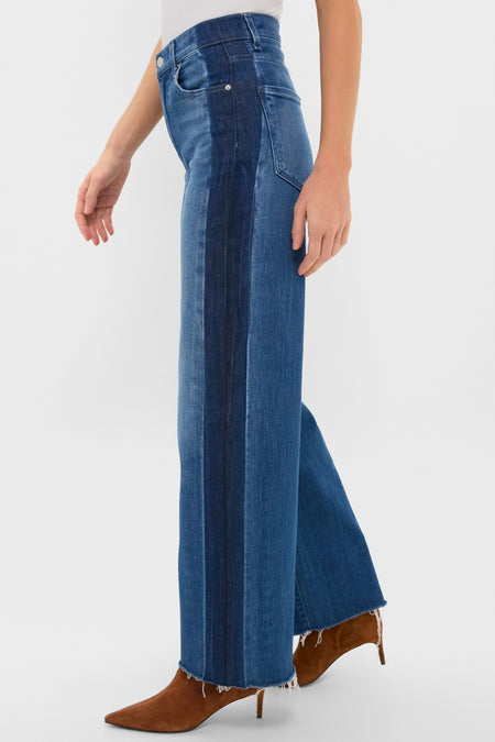 American Dream High Rise Column Jean features a classic, effortless style with two-tone wide legs and an unfinished hem, paired with fun, high-end suede stiletto boots.