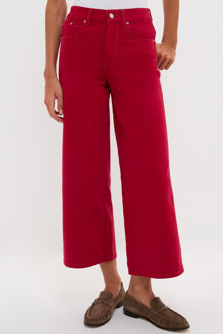 Classic Red Juliette High Rise Wideleg Ankle jeans paired with brown suede loafers, showcasing an effortless and high-end style for any occasion.