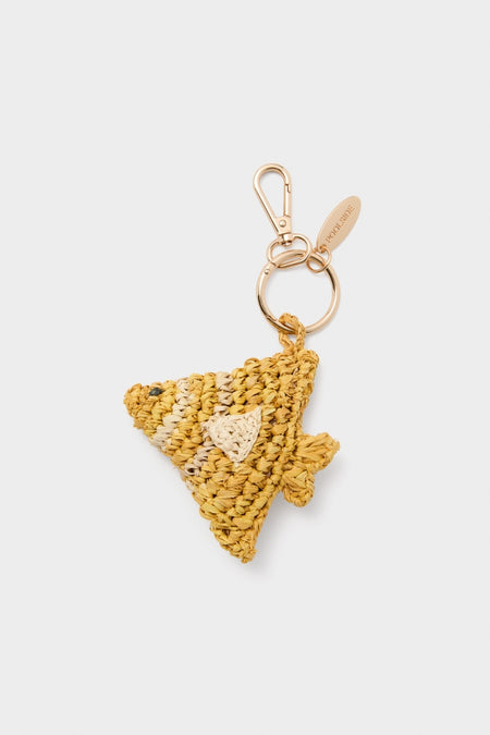 Fish Raffia Bag Charm: A classic, hand-crocheted fish keychain with a gold-tone ring and clip, exuding effortless fun and high-end appeal, engraved with POOLSIDE.