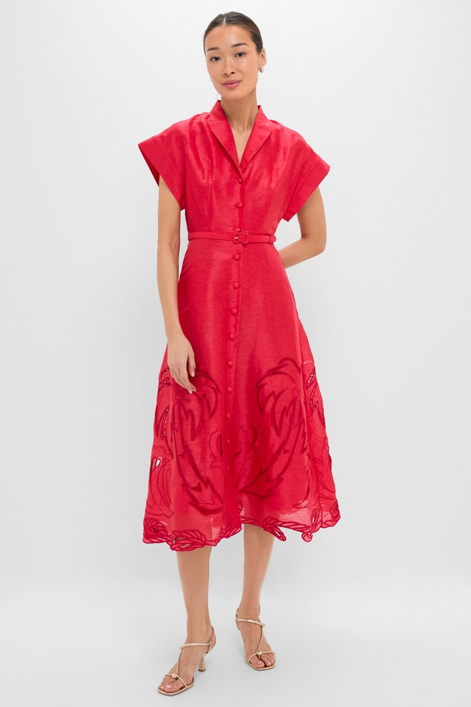 Model wearing the Scarlet Aubrey Applique Shirt Midi Dress, a classic midi with a belted waist, cap sleeves, notched collar, and foliage motif, exuding effortless, high-end style.