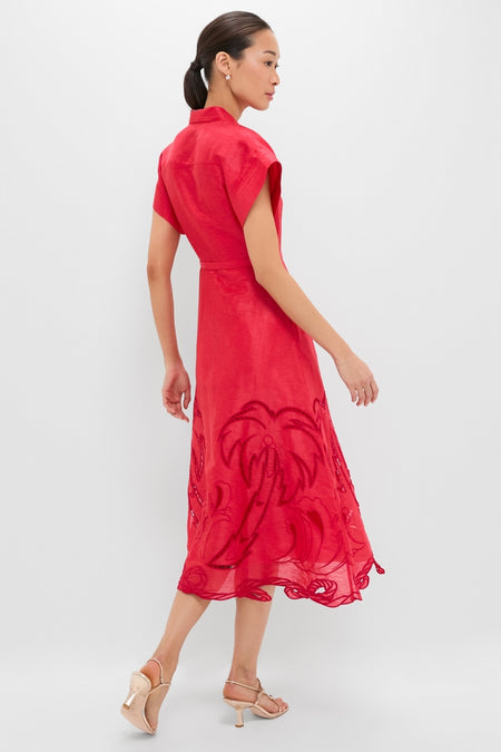 Model wearing the classic Scarlet Aubrey Applique Shirt Midi Dress. This effortless, high-end piece features a fitted waist, flared skirt with tropical motif embroidery, perfect for fun, confident styling.