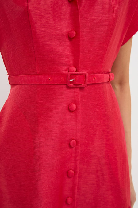Scarlet Aubrey Applique Shirt Midi Dress with classic fabric-covered buttons and a slim belt, showcasing an effortless and high-end textured weave for a fun, confident style.