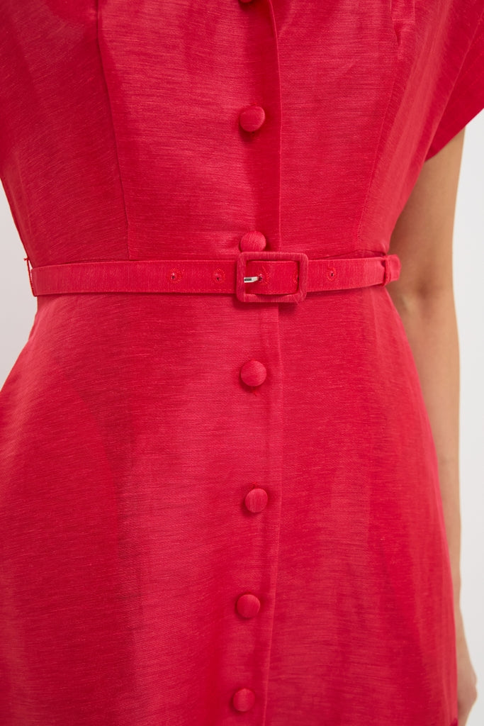 Scarlet Aubrey Applique Shirt Midi Dress with classic fabric-covered buttons and a slim belt, showcasing an effortless and high-end textured weave for a fun, confident style.