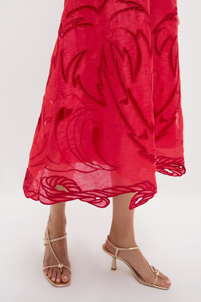 Scarlet Aubrey Applique Shirt Midi Dress, featuring a classic, tropical-inspired motif, paired with effortless metallic-gold strappy sandals, embodying a fun, high-end style.