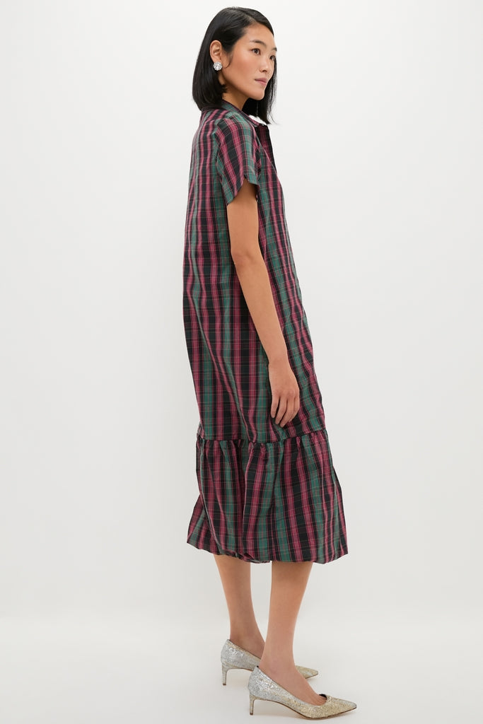 Tartan Martine Maxi Bubble Dress: Effortless and fun, this classic, high-end plaid dress features a bubble hem and cap sleeves, styled with silver pumps for versatile elegance.