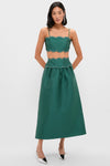 Evergreen Tashi Two Piece Maxi Dress: classic emerald satin set, scalloped rhinestone details, effortless high-end style; perfect for fun, confident occasions.