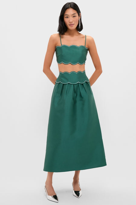 Evergreen Tashi Two Piece Maxi Dress: classic emerald satin set, scalloped rhinestone details, effortless high-end style; perfect for fun, confident occasions.