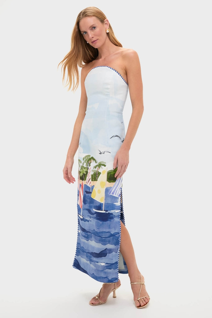 Nautical Print Ava Bustier Maxi Dress exudes classic, effortless elegance with its coastal scene design, creating a fun, high-end look perfect for any summer outing.