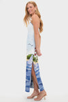 Nautical Print Ava Bustier Maxi Dress featuring a watercolor seascape, worn with gold sandals and pearls, embodies classic, effortless elegance and high-end, fun style.