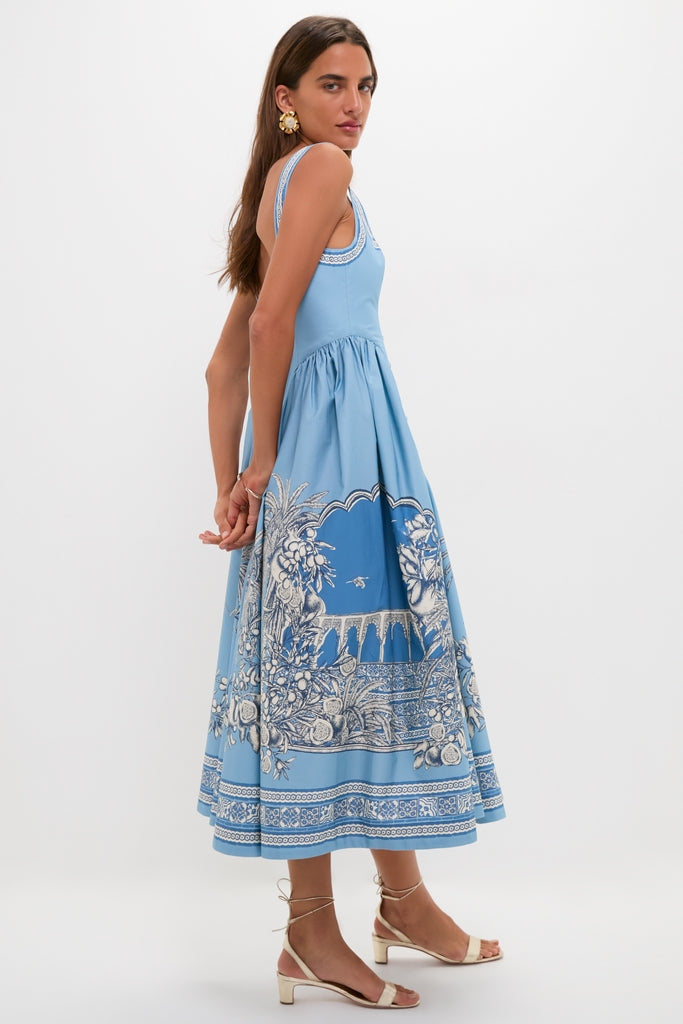 Blue Villa Romantica Midi Dress: Classic, effortless sundress with a square neck, fitted bodice, gathered skirt, and intricate hem, perfect for high-end, fun occasions.