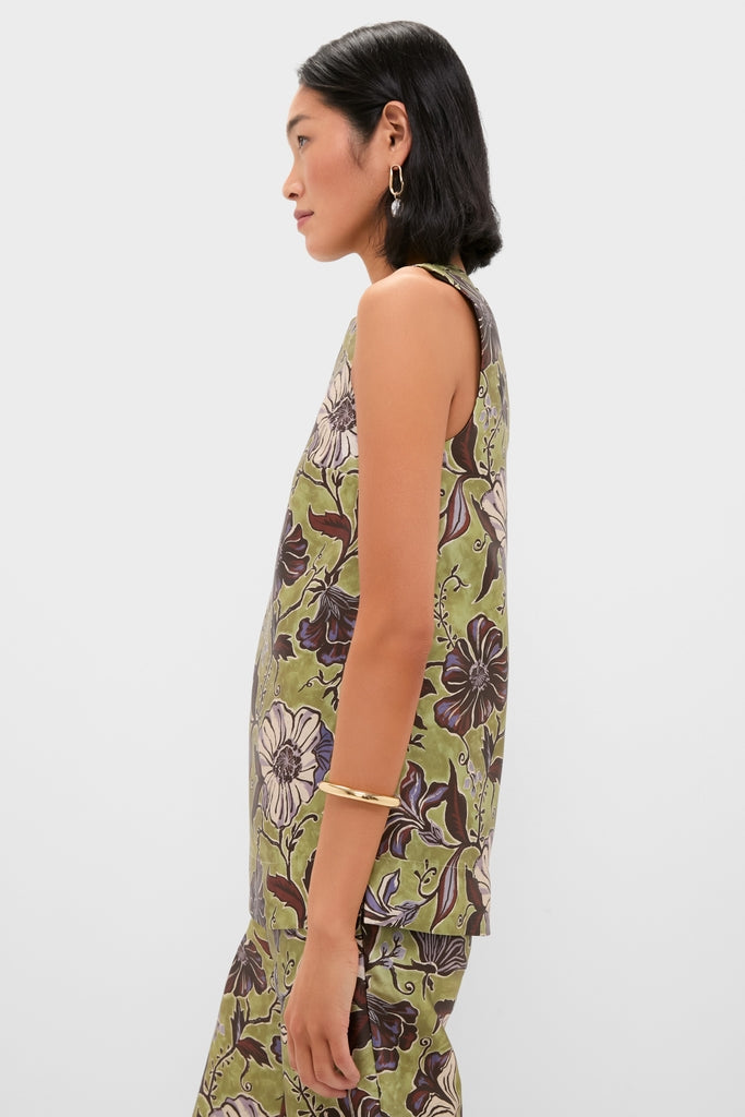 Woman modeling the classic Multi Citron Top, an effortless tunic-style piece with elegant floral print, styled with a skirt for a fun, high-end look.