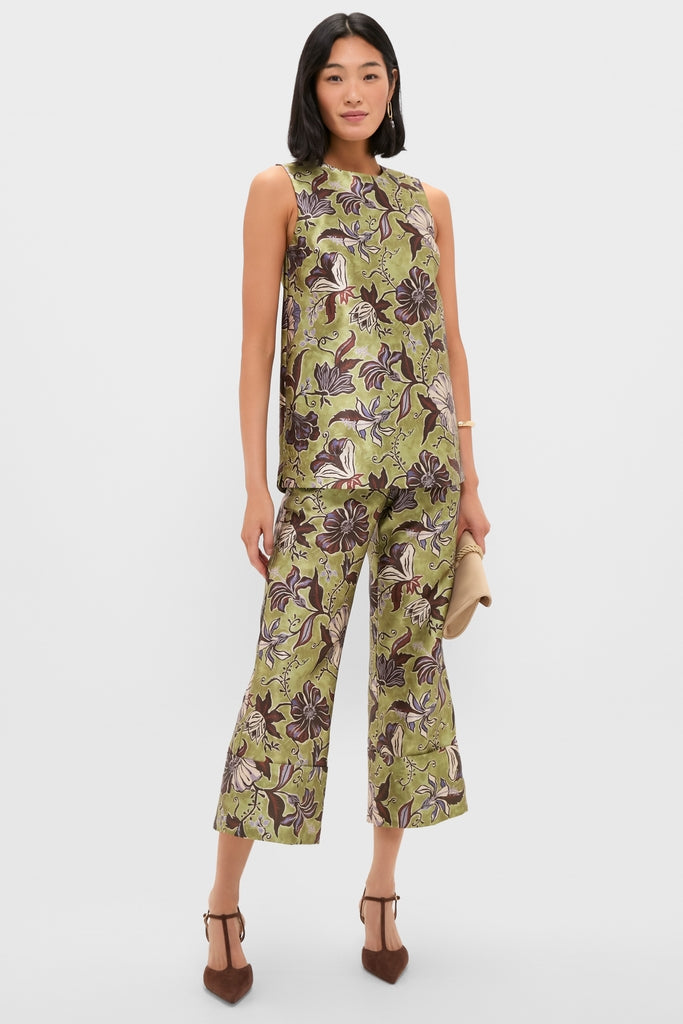 Model wearing classic Multi Citron Pants, featuring an effortless, tailored cropped design with wide cuffs, styled with a matching top and high-end accessories for a fun look.