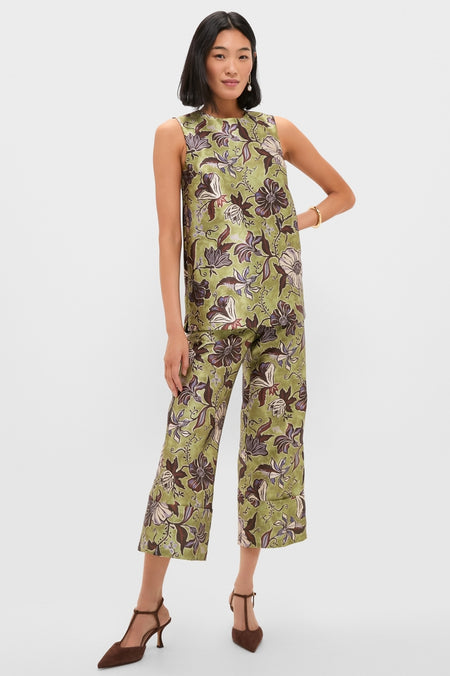 Model in classic Multi Citron Pants, an effortless, fun, high-end cropped wide-leg style with floral motif, styled with T-strap heels and elegant accessories.