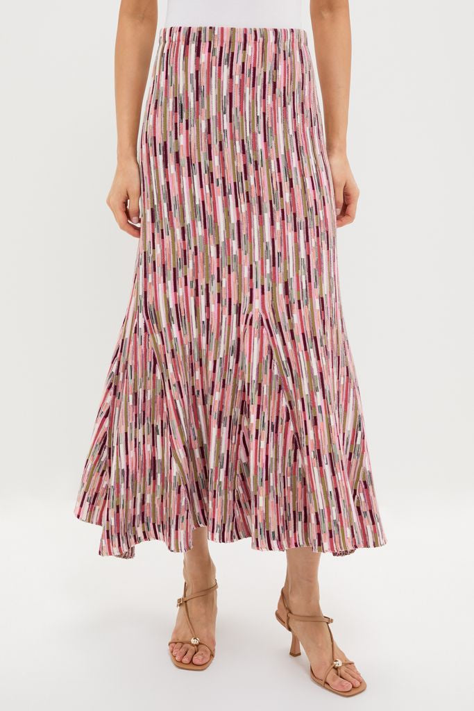 Effortlessly chic, the Rosewood Marceline Skirt showcases a classic midi-length, flared silhouette with vibrant mosaic stripes, offering a fun, high-end style.