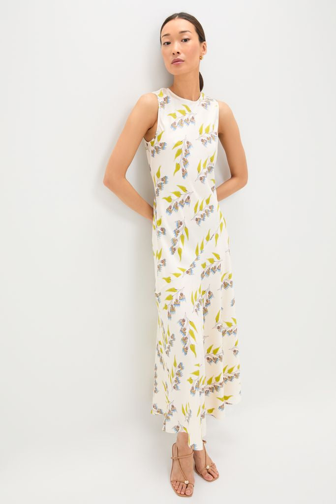 Elegant Infinite Flower Gaea Dress with green-leaf and blue-flower motif, showcasing a classic, effortless silhouette in luxurious silk twill for a high-end, fun style.