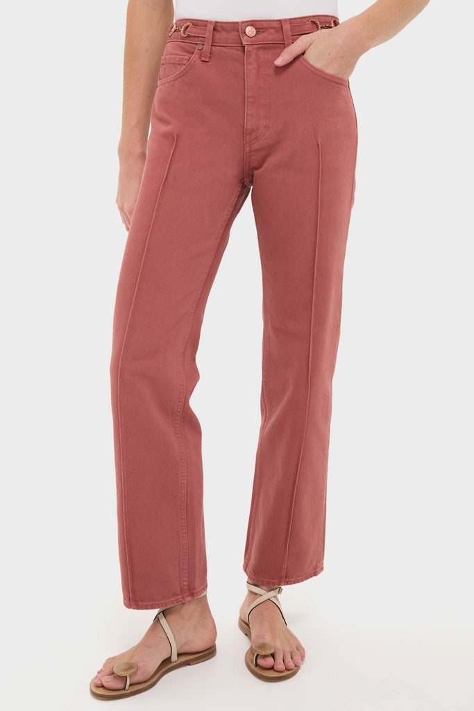 Model wearing the Garden Rose Agatha Jean, classic straight-leg, high-waisted trousers with front-crease detailing, paired with beige sandals for an effortless, high-end look.