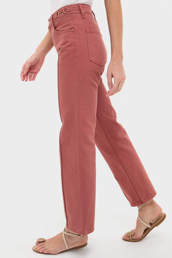 Model showcases the Garden Rose Agatha Jean in dusty rose, featuring high-waisted, straight-leg design with back pocket and belt loops. Paired with tan thong-style sandals for an effortless, classic look.