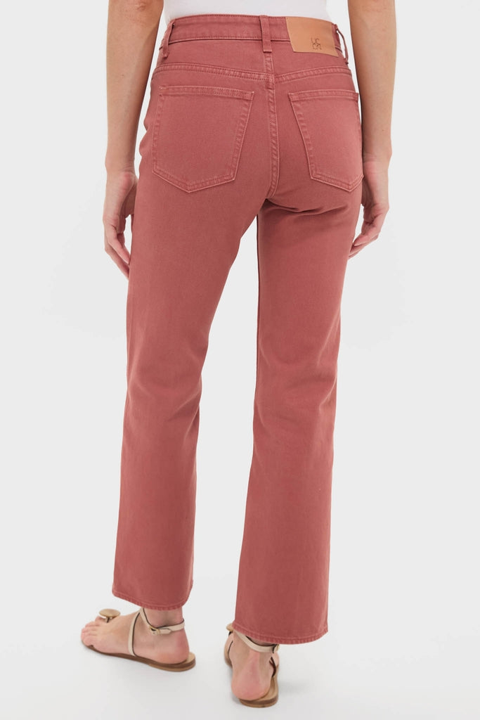 Garden Rose Agatha Jean in a classic, high-waisted style, featuring straight legs and rear patch pockets. Effortlessly chic and high-end, paired with a white top.