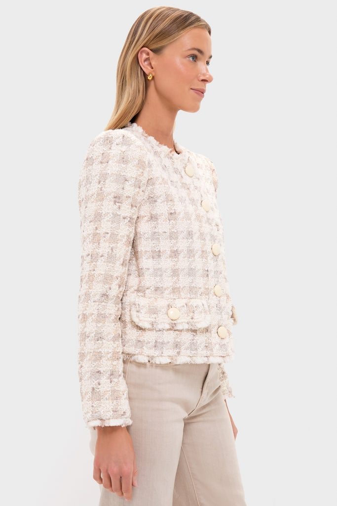 Taupe and Grey Houndstooth Zell Collarless Jacket