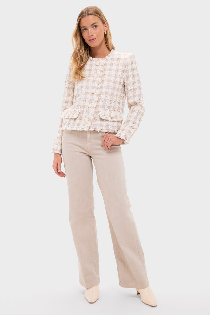 Taupe and Grey Houndstooth Zell Collarless Jacket