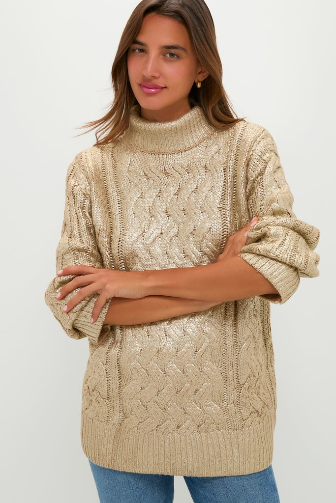 Gold Foil Carder Cable Knit Sweater