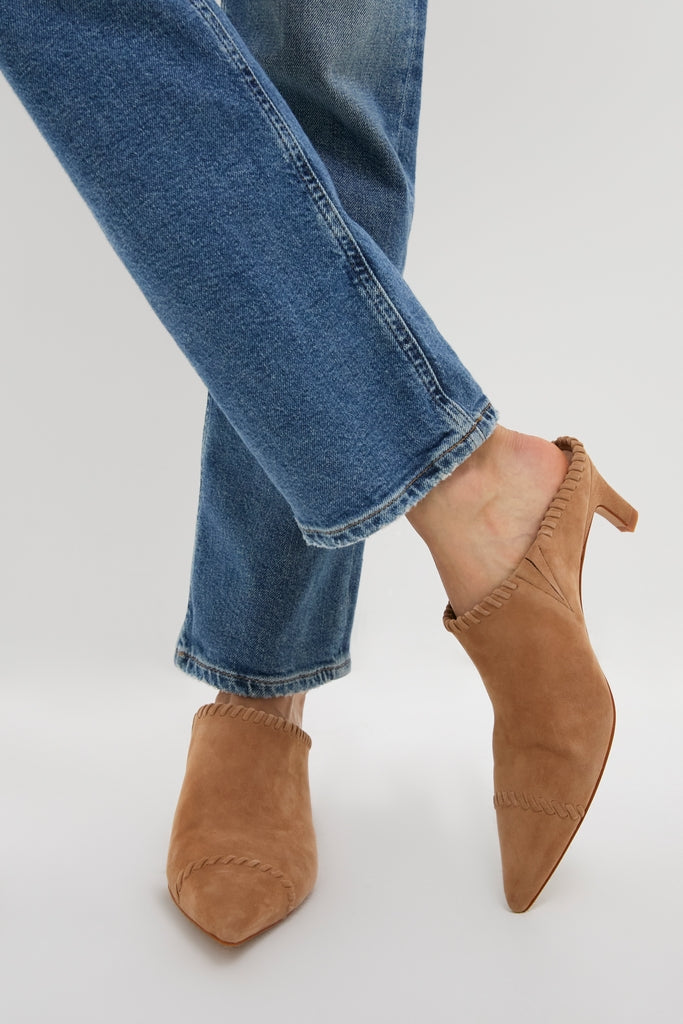 Camel Suede Whipstitch Kathryn Mules, classic kitten-heel backless shoes, with an effortless, high-end vibe. Perfect for fun, stylish outings and everyday wear.
